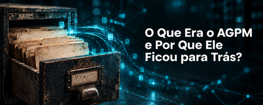 Arquivo de fichas antigo sendo digitalizado com o título: O que era o AGPM e por que ele ficou para trás?