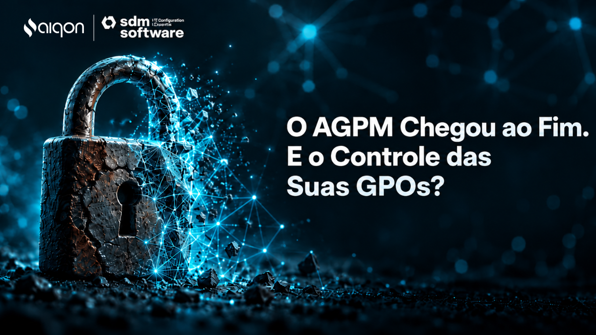 Cadeado antigo se desfazendo em partículas digitais com o título: O AGPM chegou ao fim. E o controle das suas GPOs?