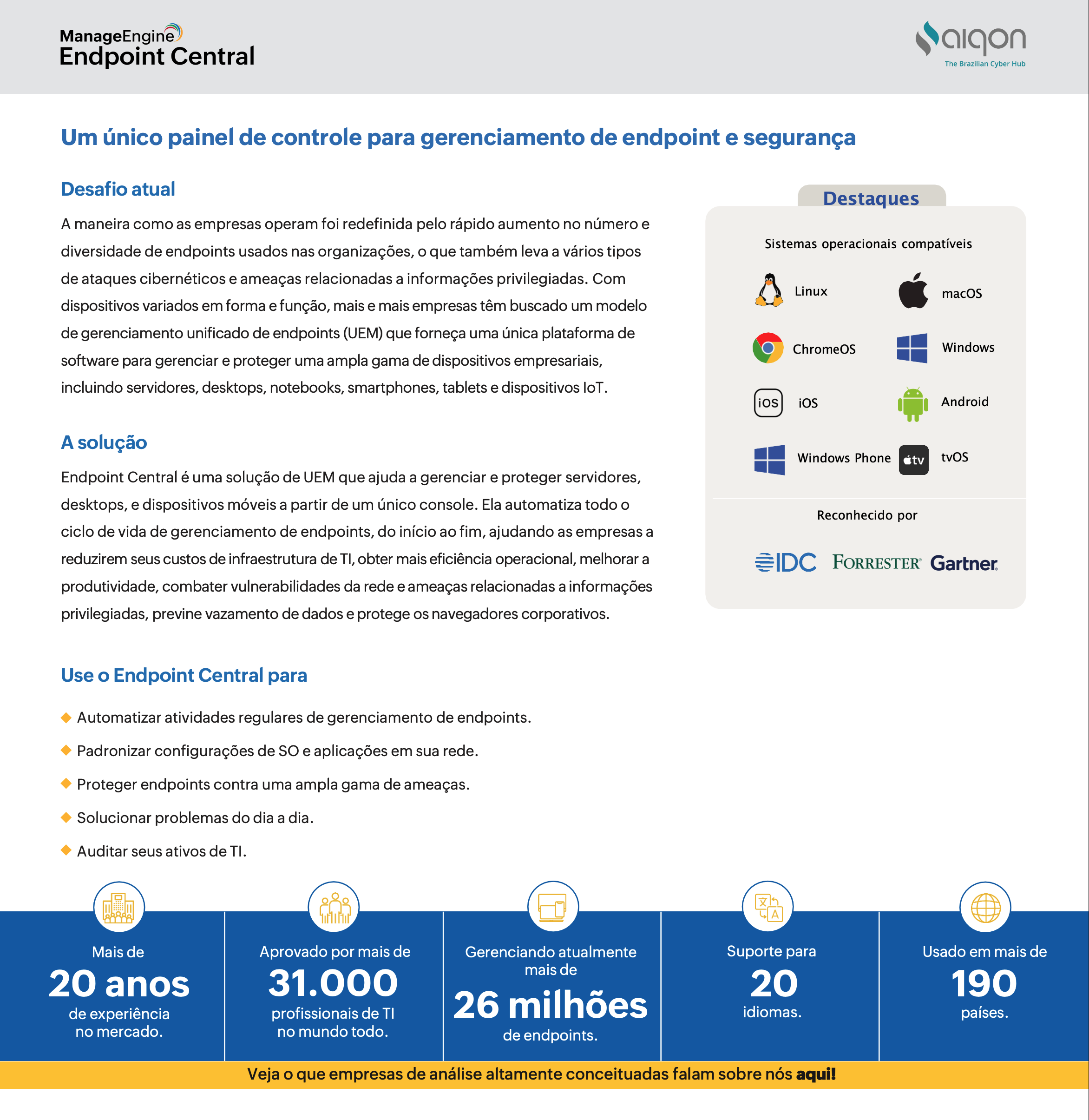 Um único painel de controle para gerenciamento de endpoint e segurança